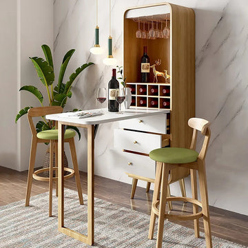 Foldable Bar Cabinet Convertible with Wine Rack & Table & 3 Drawers